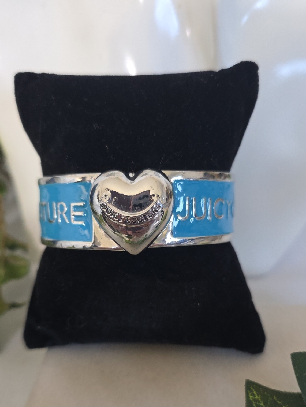 Silver with Turquoise Blue Enamel Clamper Hinge Bangle Bracelet Juicy Couture